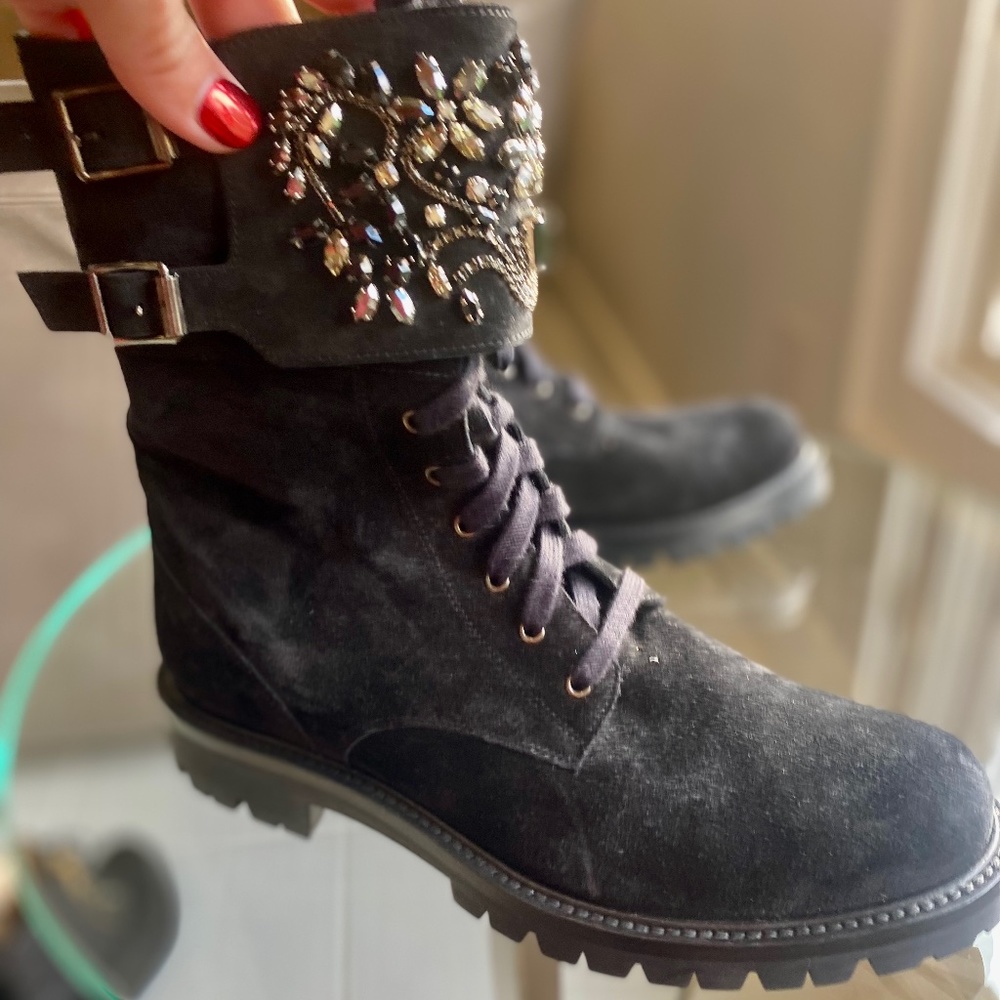 Never Worn Auth Rene Caovilla Black Suede Combat Boot with Crystals!